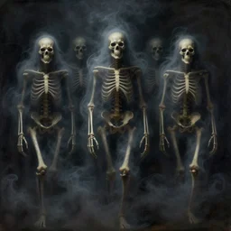 ghostly vertical skeletal figures wreathed in dark smoke, scenic full shot, ambient lighting, detailed face, by goya, stanley artgerm lau, wlop, rossdraws