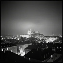 photography, european city, night, light fog, large format, sharpness, clarity, tonal range, darkroom, black and white, high grain, high contrast, ansel adams