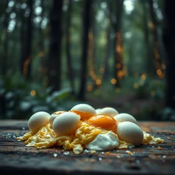 5 5 mm photo of a pile of freshly scrambled eggs on a wooden table in a magical forest. dof. bokeh. magical atmosphere. art by greg rutkowski. highly detailed 8 k. intricate. lifelike. soft light. nikon d 8 5 0.