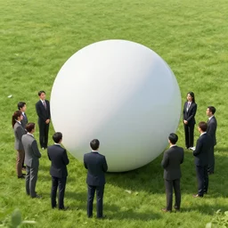 group of people, politicians, and reporters standing in a grassy field surrounding a spherical starship. as seen from a distance. slightly raised angle.