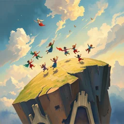 people falling off of flat earth, fantasy painting, colorful, children's book cover