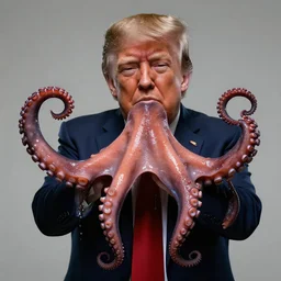 Donald Trump with Octopus Tentacles for hands, the tentacles are wet, glistening, and very realistic