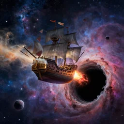 a beautiful illustration of a black hole devouring a pirate ship in a galactic nebula, art of greg rutkowski and magali villeneuve and artgerm, featured on artstation, vertical orientation