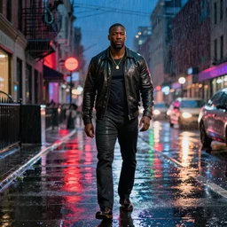 idris elba on a rainy night on the lower east side by mark seliger, nighttime!!! raining!!!, colorful!!,,