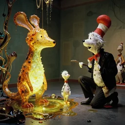 museum of strange creatures, made of glowing oil, film still from the movie directed by denis villeneuve and david cronenberg with art direction by salvador dali and dr. seuss