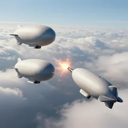 two zeppelins exchanging broadside cannon battle above the clouds, airships battling hyper-realistic