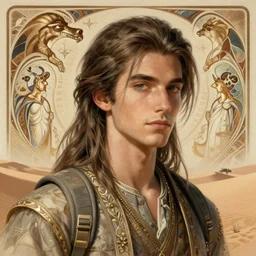 An adventurer in the desert with the power of foresight, handsome young face, medium straight hair, fantasy, intricate, elegant, highly detailed, digital painting, artstation, concept art, smooth, sharp focus, illustration, art by artgerm and greg rutkowski and alphonse mucha