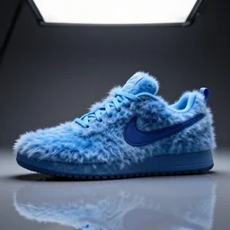 nike shoe made of very fluffy blue faux fur placed on reflective surface, professional advertising, overhead lighting, heavy detail, realistic by nate vanhook, mark miner