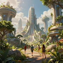 incredible futuristic city in harmony with nature, happy people living, dramatic lighting, detailed digital art trending on artstation