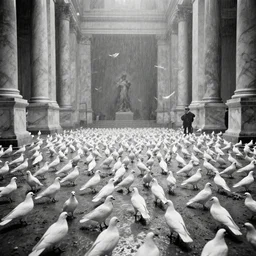 movie still of a gigantic marble hall flooded with white doves, cinestill 8 0 0 t black and white, by andrei tarkovsky, by piranesi, by magritte very heavy grain, high quality, high detail, ultra wide lens, sharpness, flares, anamorphic, foggy, mud, rain