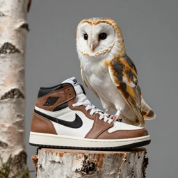 ”A barn owl sitting on a Nike Air Jordan sneaker. The sneaker is standing on a birch stump, 4K, Sigma 55”