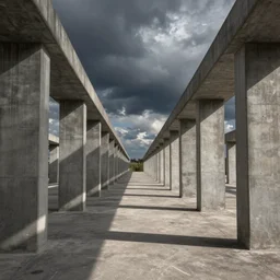 a flate endless plane of concrete covered in concrete pillars, open sky