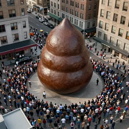 an aerial photograph of a giant turd sculpture in the center of a new york street, a large crowd have gathered, by Claes Oldenburg, pop art, 3D render, Volumetric dynamic lighting, Highly Detailed, Cinematic Lighting, Unreal Engine, 8k, HD