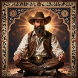 bearded cowboy sitting in lotus position, persian folkore artstyle, calligraphy border