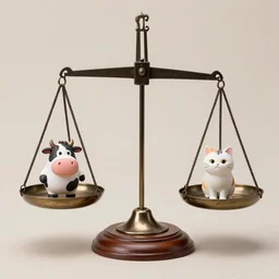 photo studio of set of libra balance scales with weights, weighing pixar cow figurine and pixar cat figurine in dish