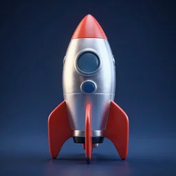 octane 3 d render of a cute space rocket made of shiny plastic and aluminium - dvintage design of the rocket - professional photo studio - dark bleu background - vignette