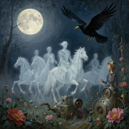 happy full moon! 🌕✨, by anne stokes and kaja foglio, a black bird with a yellow beak, the ghostly horsemen ride through the misty forests in eternal silence, by esao andrews, steampunk heaven, by michael komarck and john howe, lovecraftian, machine in flowers, detailed painting, i dream of the machine