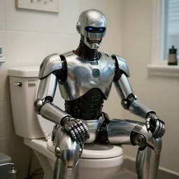 Robocop sitting on the toilet, sigma 85mm f/1.4, 4k, depth of field, high resolution, 4k, 8k, hd, full color