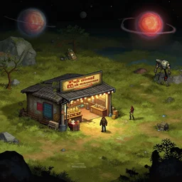 outside a general store, in a small remote outpost, on a remote planet, cyberpunk style, from a point and click 2 d graphic adventure game, set design inspired slightly by hg giger and tomb raider, art inspired by [ [ thomas kinkade ] ] and [ mark keathley ]