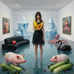 painting of a flooded modern art gallery, a tall emo girl holding a papaya, wasabi, art gallery interior, pig, courgette, waterfall, black lounge, sensual, organic, icebergs, pomegranates, octopus, zen, black swans, courgettes, berries, surrealist, by magritte and monet