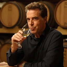 photo of richard belzer enjoying a nice glass of wine in a wine cellar, 8 k, 5 2 mm, f 1. 8