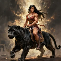 a muscled warrior girl mounted on a large black panther