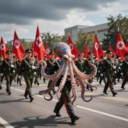 an octopus marching at a parade, north korean military parade, red flags, soldiers, by ilya kuvshinov and mikko lagerstedt