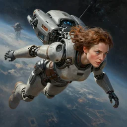A beautiful detailed painting of Dolores Abernathy flying through space, robot revolution, apocalypse, Westworld, highly detailed, digital painting, artstation, cgscoiety, complete scene, cinematic, intricate, smooth, sharp focus, illustration, Unreal Engine 5, concept art, 8K, art by Esao Andrews.