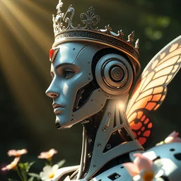 portrait of an ai robot king wearing a crown profile view portrait 4 k digital art 3 d render octane render, anime, two dimensional, looking to the side, butterfly wings, flowers, animalistic, natural, eerie, trending on artstation, artstation, high detail, god rays, sunray, diffusion, disollution,