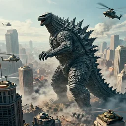 godzilla destroying skyscrapers in a large city with helicopters and tanks, smoke and destruction, conecpt art, cinematic, highly detailed, ornate, intricate detail, 4K, realistic, octane render, unreal engine