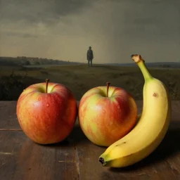 postapocalyptic still life of two apples and a banana with james ensor in the distant background