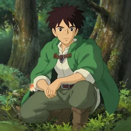 peregrin took from the anime lord of the rings (1986), dark hair, green cape, hobbit, in the forest, studio ghibli, very detailed, realistic