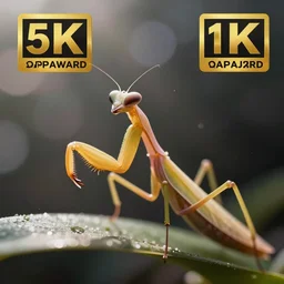 macro photography of orchid mantis, bokeh effect, atmospheric dust, dramatic light, 8 k, award - winning