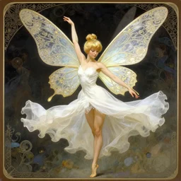 tinker bell with butterfly wings, intricate, elegant, d & d, powerful, dancing, fantasy, art nouveau, white dress, art by art by artgerm and greg rutkowski and ruan jia and peter polach