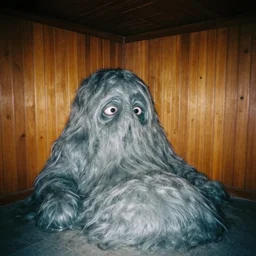 an eerie, gross, fuzzy, silky and gross gray mass with eyes in the corner of the room that extends from the ground to the ceiling in a wood paneled room, dim lighting, disposable camera