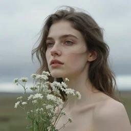 close - up fashion icelandic woman portrait airy flowers sacura cloudy sky art by vasnetsov
