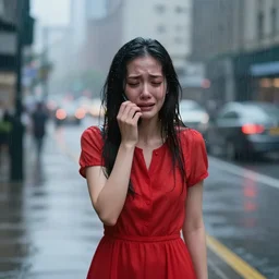 a girl in a red dress crying in the middle of a city while its raining