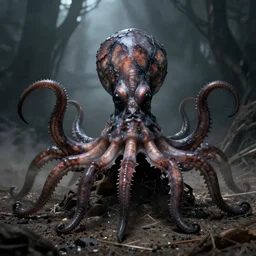 A demon that looks like a squid, photorealistic, film still, desolate, terrifying, weird, strange, odd, uncanny, horrifying, horrific, spine-chilling, sinister, menacing, ominous, threatening