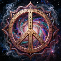 a intricate mandala of peace signs with deep and intricate rune carvings and twisting lovecraftian tentacles emerging from a space nebula by dan mumford, twirling smoke trails, a twisting vortex of dying galaxies, collapsing stars, digital art, photorealistic, vivid colors, highly detailed, intricate