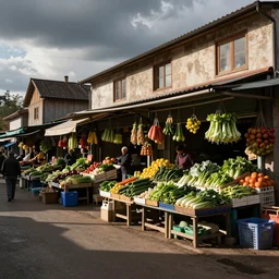 a vegetable market on a busy street corner with other bazar shops