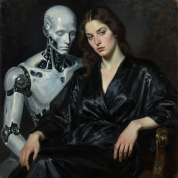 hyperrealism mixed with classicism, oil painting, close - up view of face of fashion model sitting near melting cyborg, fully clothes in black reflect robe, complete darkness, in style of classicism mixed with 8 0 s sci - fi hyperrealism