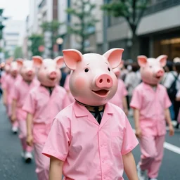 a parade on the streets Tokyo everyone is dressed in pink and wearing pig masks, film still from the an anime directed by Katsuhiro Otomo with art direction by Salvador Dalí, wide lens