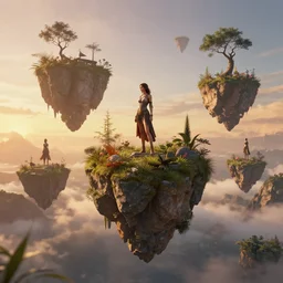 unreal engine render, floating islands with beautiful women on them, cinematic, sunset, fantasy, 8 k, trending on artstation