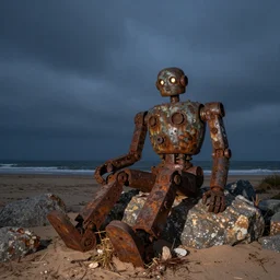 a very large rusting robot is sitting against some rocks on a deserted beach. ocean in the background. it's nighttime and the sky is cloudy. photograph wide angle lens