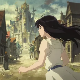 anime frames, anime visual, portrait of a young woman outside in the medieval city square looking at the fantasy palace in the distance, cute face by ilya kuvshinov, alphonse mucha, dynamic pose, dynamic perspective, rounded eyes, moody, psycho pass, kyoani, yoh yoshinari