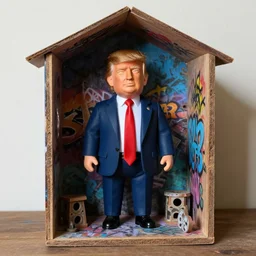 e. t. donald trump puppet inside graffiti dollhouse