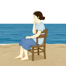 patterned illustration a thoughtful girl is sitting in a chair in the middle of the ocean by harry clarke