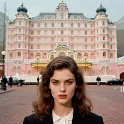 3 d cinematic full head portrait of a 1 9 8 0 s symmetrical, pretty woman with fine facial features, standing in a complex street by edward hopper, jeffrey smart, grand budapest hotel, ornate theatre art, high resolution