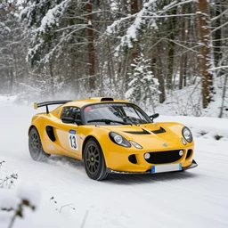a 2 0 0 6 lotus exige cup 2 4 0, racing through a rally stage in a snowy forest