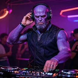 thanos is a dj at a cyberpunk rave, he's wearing headphones and telling you to hold on a sec, wait a minute